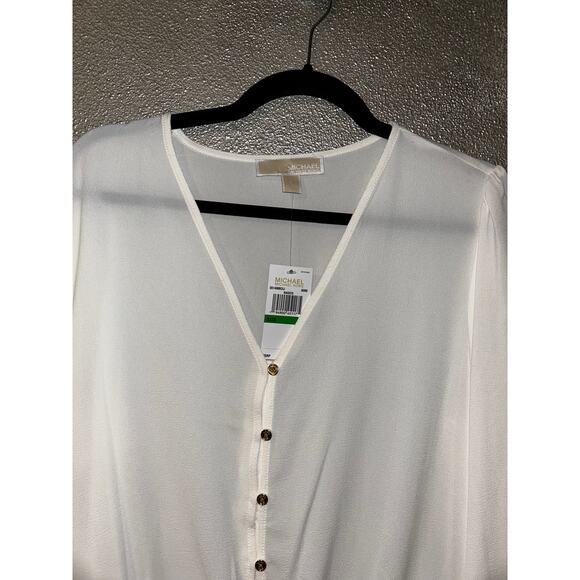 Michael Michael Kors Longsleeve Front Button Smocked Waist Cuffs V-neck Top - Picture 2 of 7